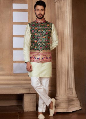 Attractive Patola Print Green Nehru Jacket Set