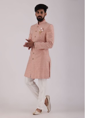 Attractive Peach Indowestern Set For Men