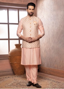 Attractive Peach Nehru Jacket Set With Thread Work