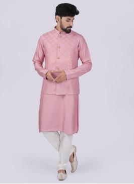 Attractive Pink And White Nehru Jacket Set