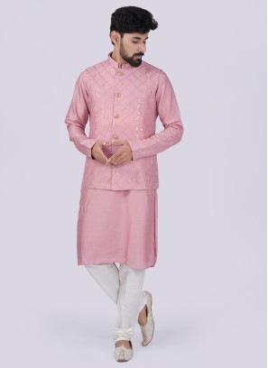 Attractive Pink And White Nehru Jacket Set