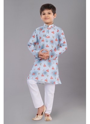 Attractive Powder Blue Printed Kurta Pajama