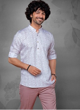 Attractive Printed Off White Men Short Kurta