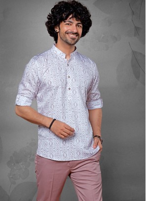 Attractive Printed Off White Men Short Kurta