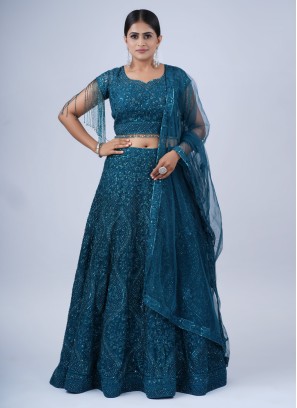 Attractive Rama Blue Sequins Embellished Lehenga Choli