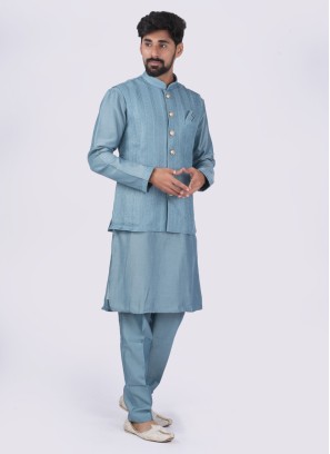 Attractive Sea Green Color Nehru Jacket Set