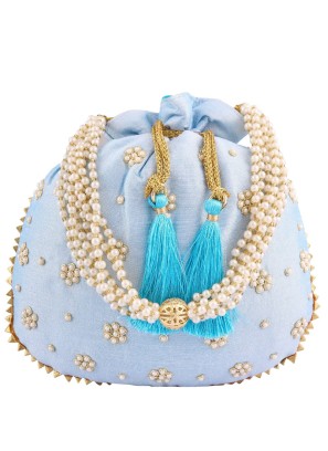Attractive Sky Blue Art Silk Wedding Potli Bag
