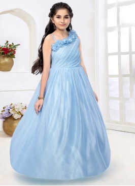 Attractive Sky Blue Floral Patch Work Wedding Gown