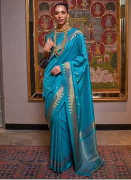 Attractive Teal Blue Silk Saree