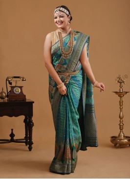 Attractive Peacock Blue Woven Banarasi Silk Wedding Saree