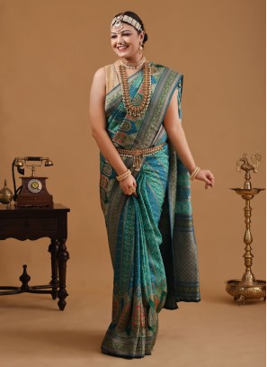 Attractive Peacock Blue Woven Banarasi Silk Wedding Saree