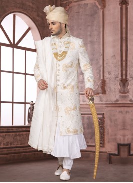 Attractive White Embroidered Anarkali Style Silk Sherwani