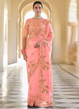 Auspicious Organza Peach Sequins Classic Designer Saree