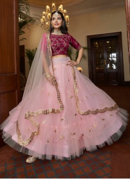 Baby Pink And Dark Magenta Emboidered Lehenga Choli For Women