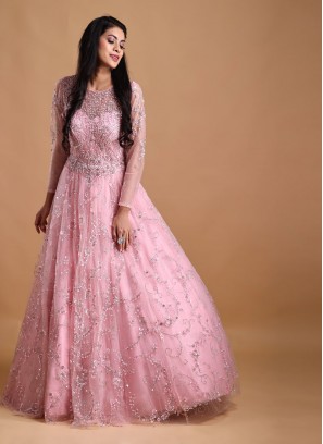 Baby Pink Stone Work Net Designer Gown