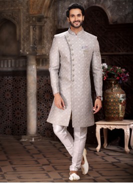 Banarasi Jacquard Indowestern In Light Grey