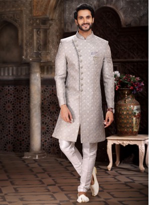 Banarasi Jacquard Indowestern In Light Grey