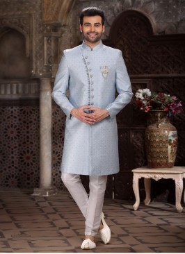 Banarasi Jacquard Indowestern In light Steel Blue Color