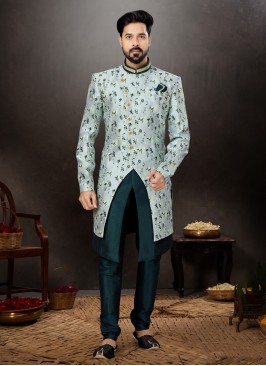 Banarasi Jacquard Silk Grey Weaving Indowestern Set For Men