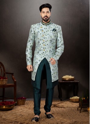 Banarasi Jacquard Silk Grey Weaving Indowestern Set For Men