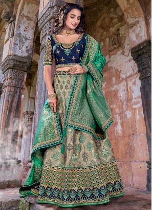 Blue and Green Banarasi Silk Designer Lehenga Choli