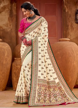 Elegant Cream Kachhi Embroidered Banarasi Silk Saree