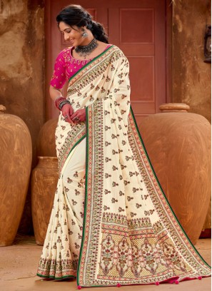 Elegant Cream Kachhi Embroidered Banarasi Silk Saree