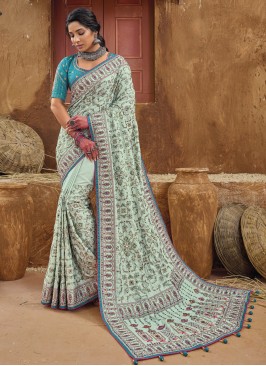 Pista Green Kachhi Embroidered Banarasi Silk Saree