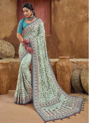 Pista Green Kachhi Embroidered Banarasi Silk Saree