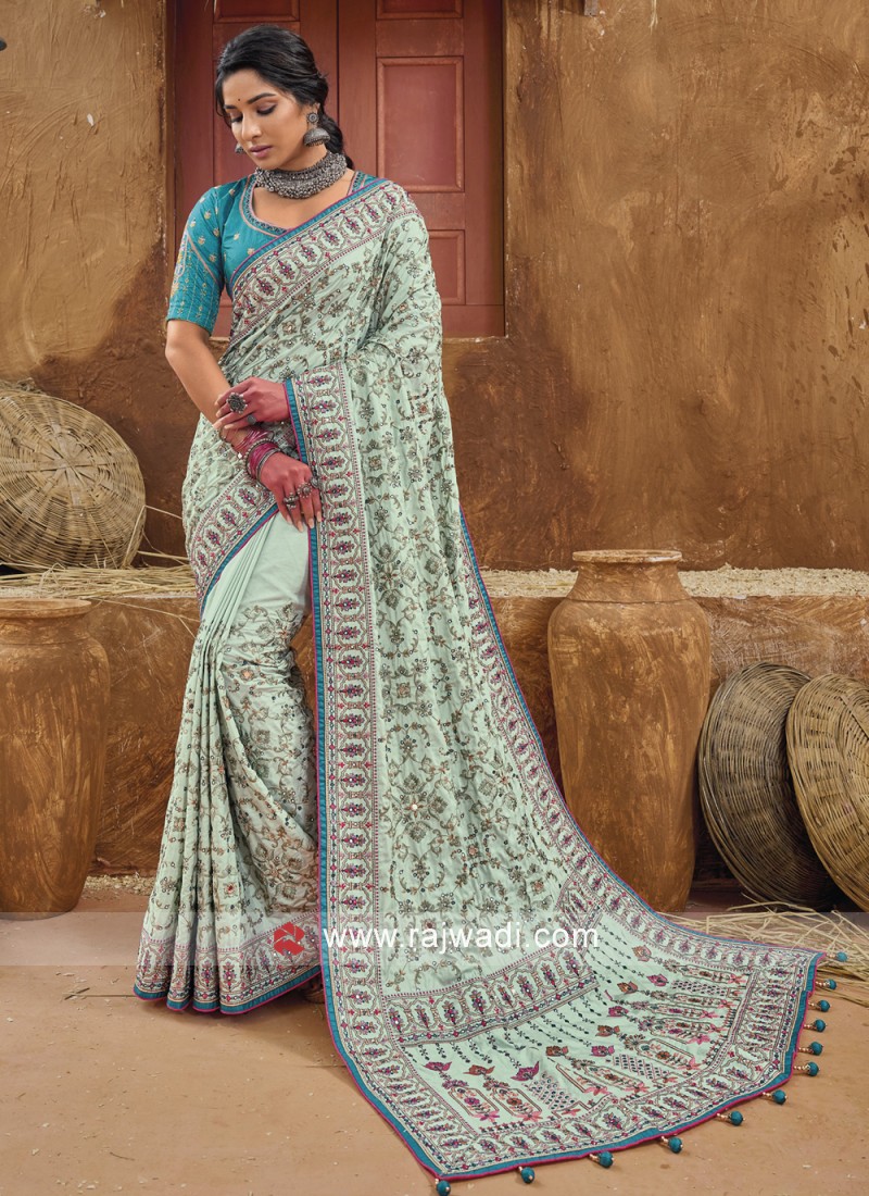 Pista Green Banarasi Silk Saree With Designer Blouse – STORI