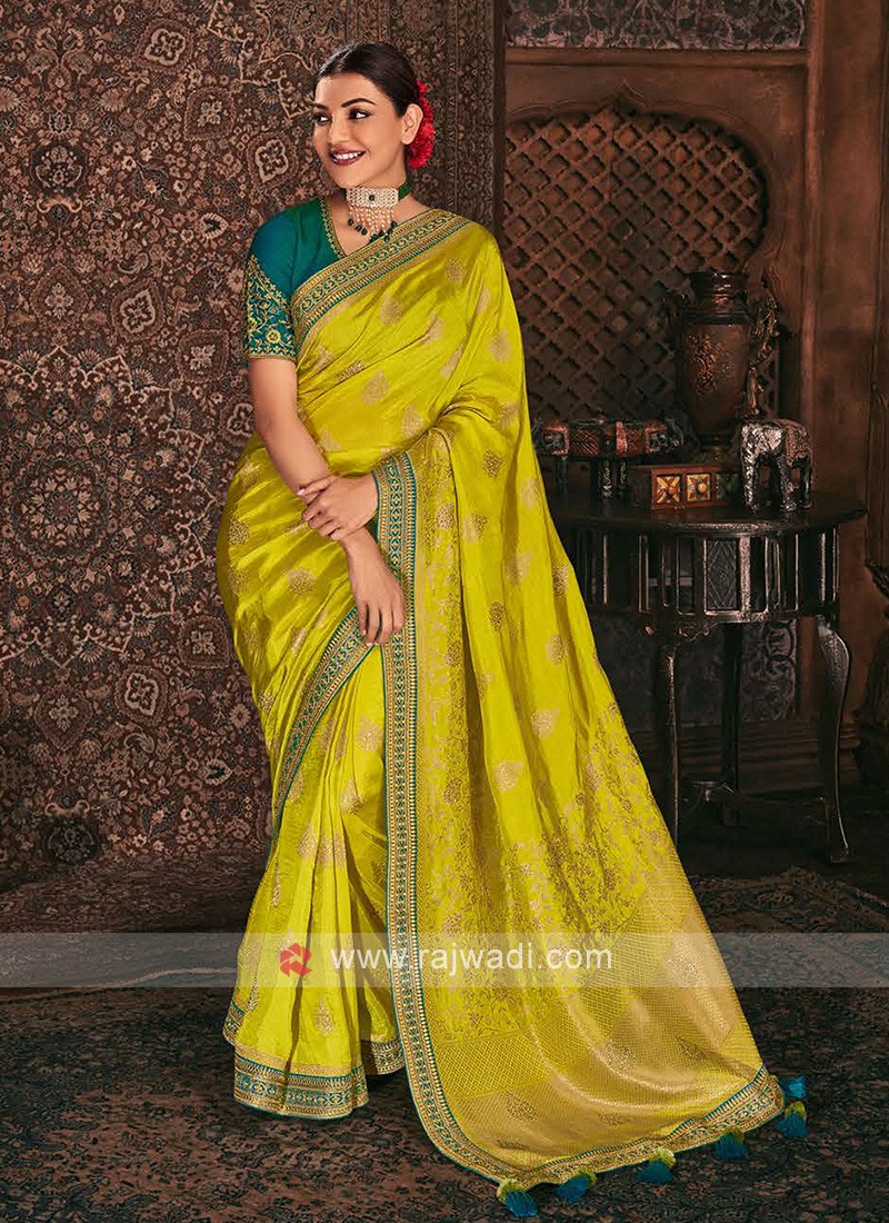 Designer Yellow Saree with contrast Leheriya Blouse - Rana's by Kshitija