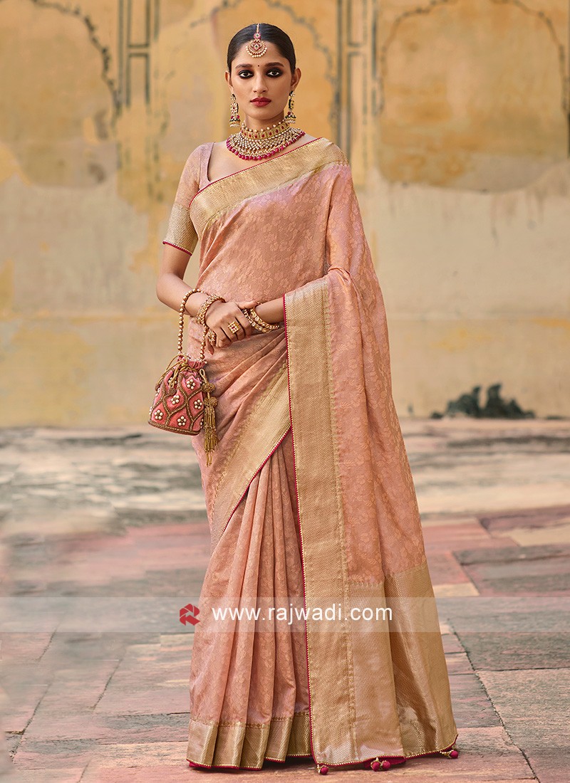 Stunning Peach Colour Saree With Heavy Brocade Blouse Banarasi Beautiful  Zari Work In Form Of Traditional Motifs Soft Silk Saree