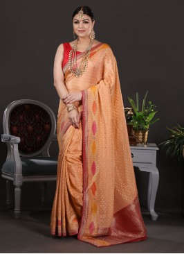 Alluring Pink and Peach Banarasi Silk Festive Saree