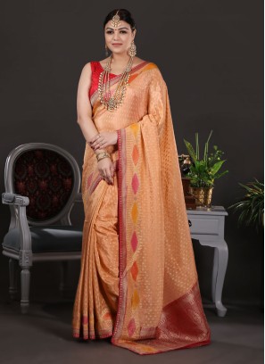 Alluring Pink and Peach Banarasi Silk Festive Saree