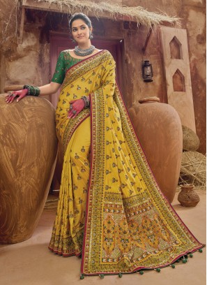 Mesmerizing Yellow Kachhi Embroidered Banarasi Silk Saree
