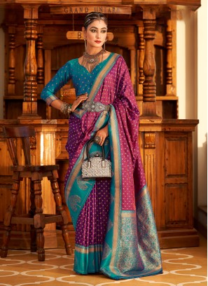 Banarasi Silk Zari Woven Purple And Teal Blue Contemporary Saree