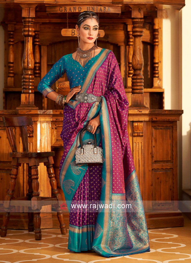 A Pure Viscose Satin Organza Purple Saree With Silk Blouse