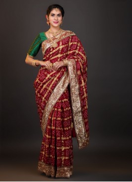 Bandhani Print Chanderi Silk Saree In Dark Maroon Color