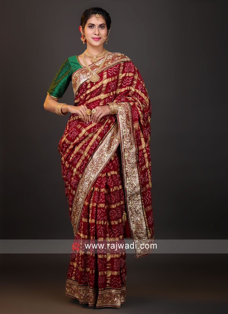 VASTRANAND Maroon & Beige Printed Bandhani Saree - Absolutely Desi