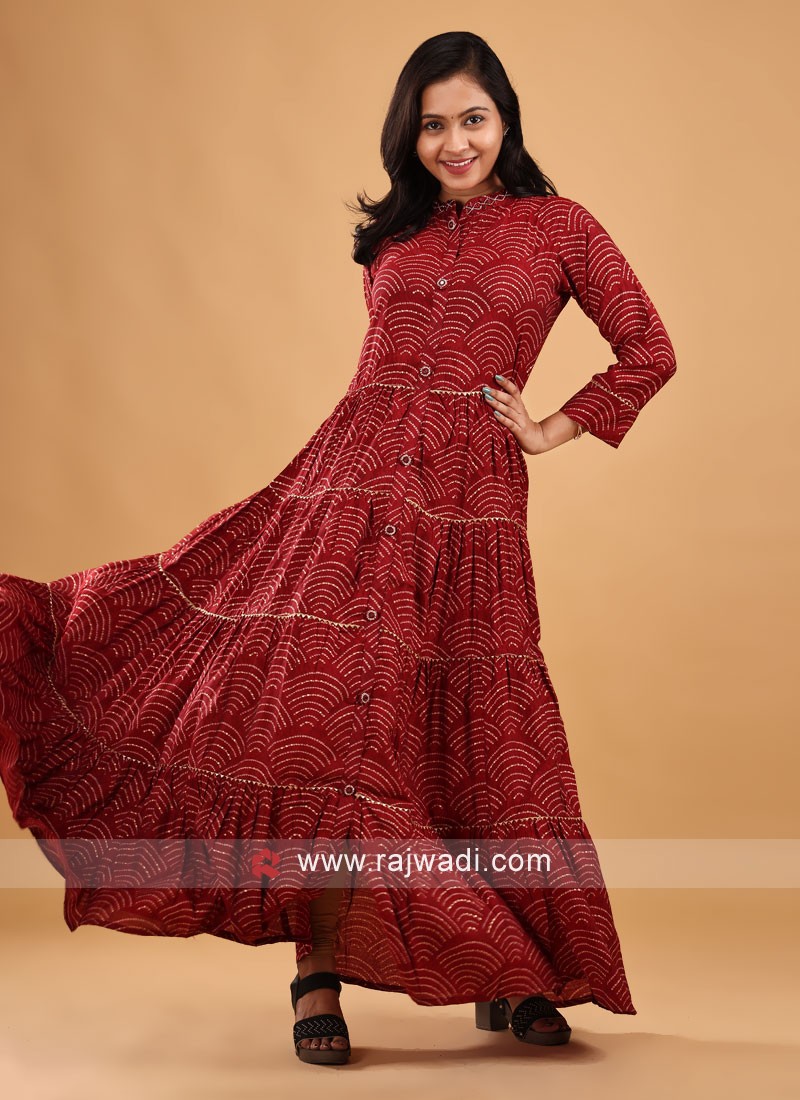 Monga Silk Bandhani Long Anarkali Dress With Chiffon Dupatta