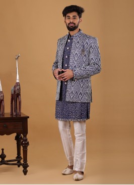 Bandhani Printed Blue Indowestern For Men