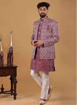 Bandhani Printed Maroon Indowestern For Men