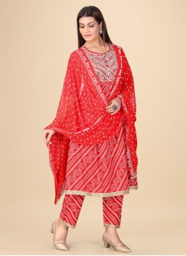 Bandhani Printed Red Pant Style Salwar Kameez