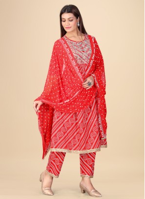 Bandhani Printed Red Pant Style Salwar Kameez