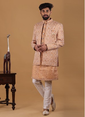 Bandhani Printed Yellow Indowestern For Men