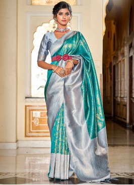 Turquoise and Grey Jacquard Work Banarasi Silk Saree