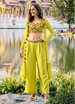 Mustard Yellow Georgette Palazzo Set With Long Jacket