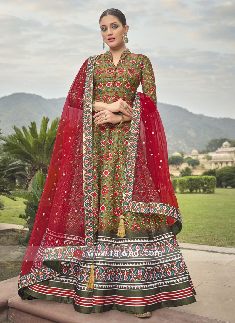 Olive Green Patola Printed Anarkali With Net Dupatta