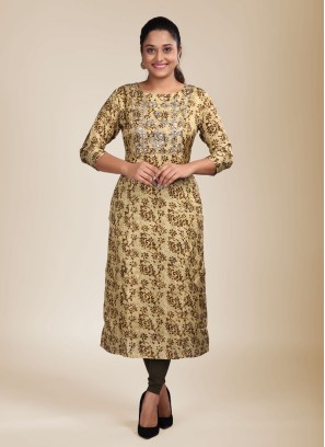 Batik Print Gajji Silk Kurti In Yellow