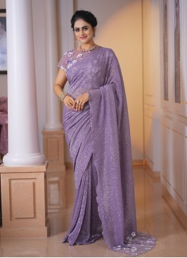 Beautiful Lavender Saree In Lycra Net With Sequins Embroidered